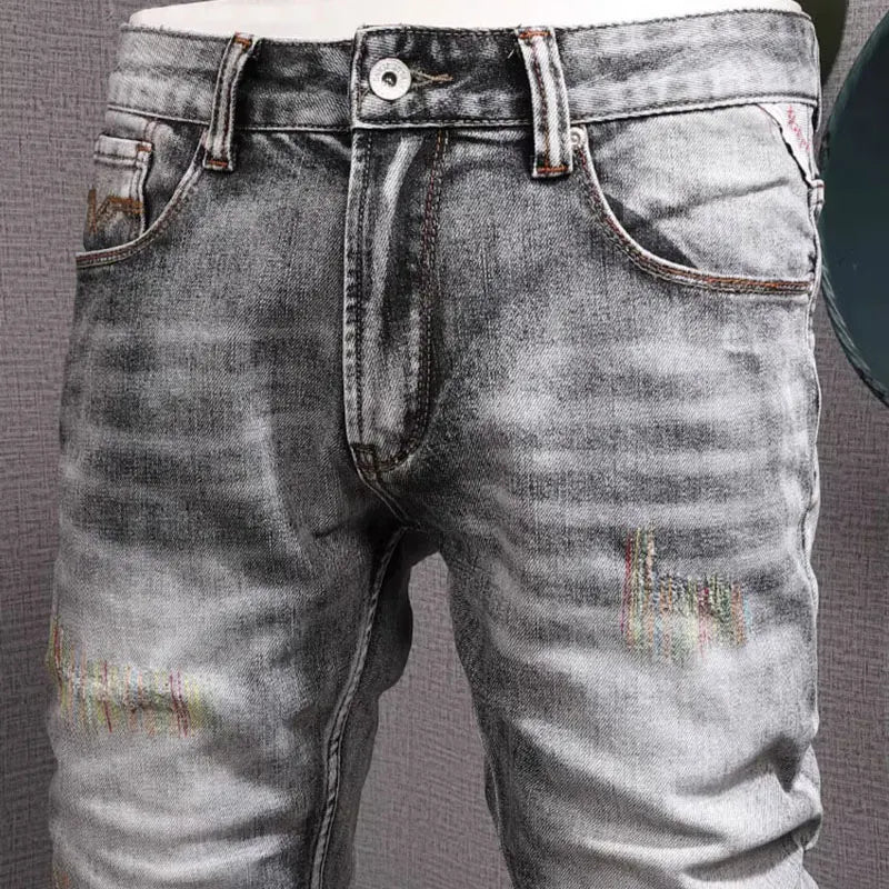 Men Jeans High Quality Retro Gray Stretch Slim Fit Ripped Jeans