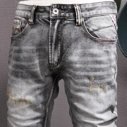 Men Jeans High Quality Retro Gray Stretch Slim Fit Ripped Jeans