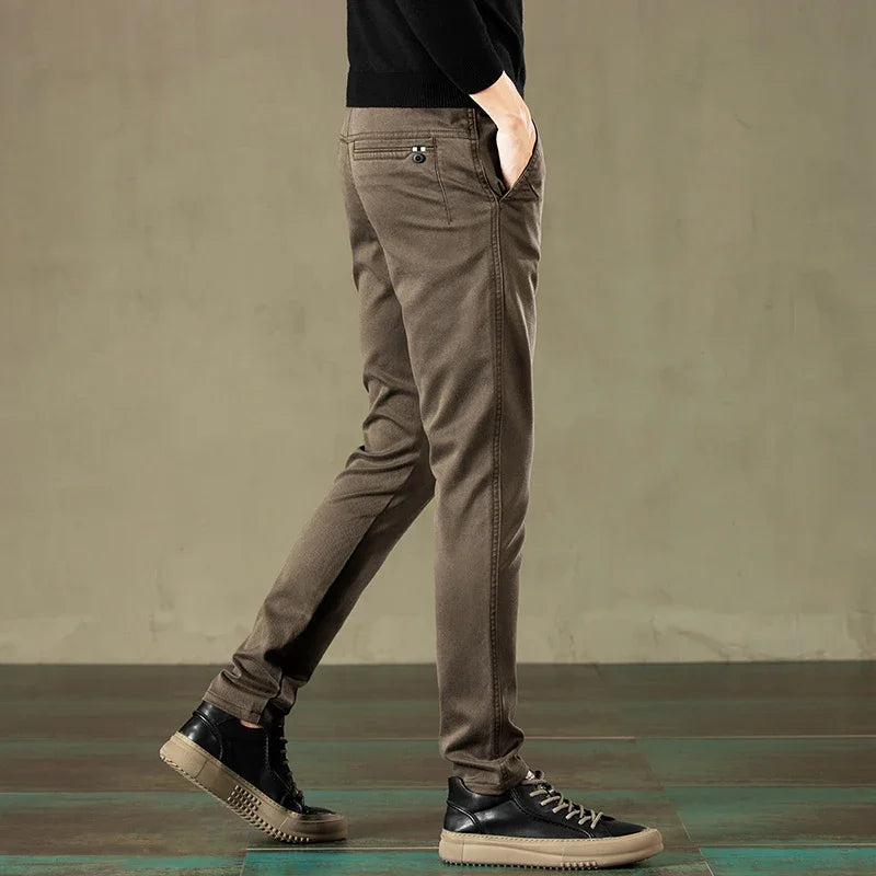 2024 Spring New Men's Casual Pants Brand Clothing Business Elastic Waist Thick Classic Slim Trousers Male Black Grey Brow