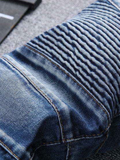 Men Casual Biker Denim Jeans Stretch Pants Solid Regular Fit Jeans