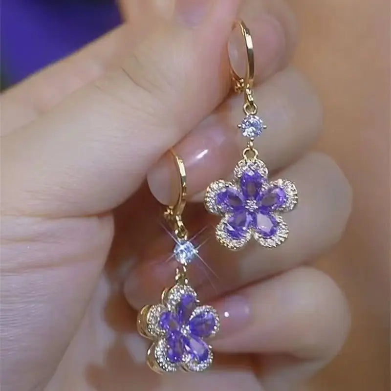 Purple Crystal Zircon Flower Drop Earrings for Women
