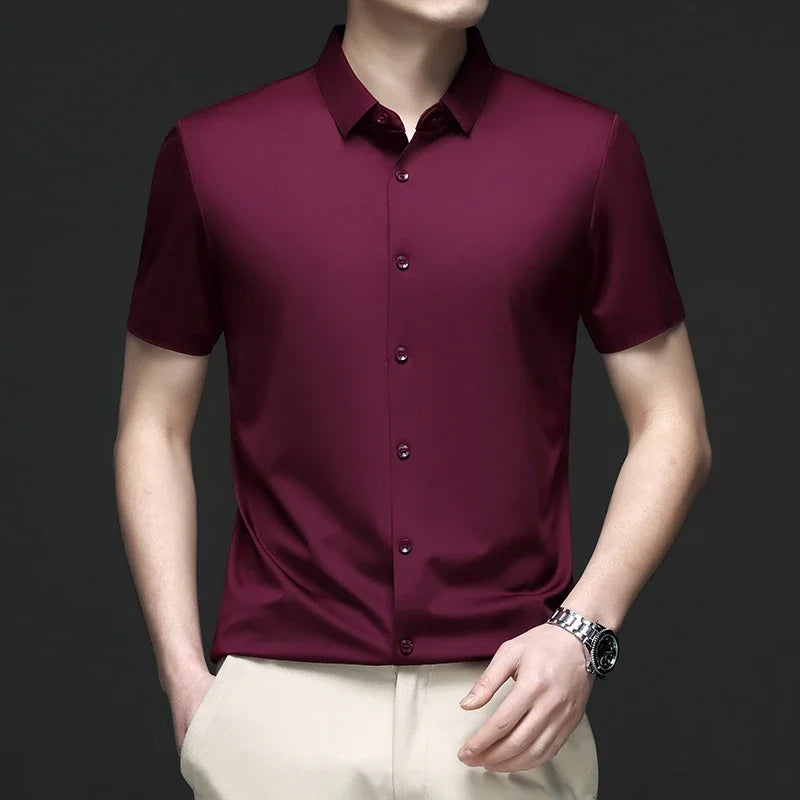New Men's Business Casual Solid Color Short Sleeved Shirt for Summer Fashion No Ironing Comfortable and Versatile Top