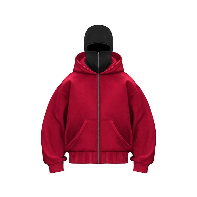 Unisex Double Hooded Fleece Sweatshirt Woman Balaclava Hoodie Half Zip Warm Outfit for Fall Winter Men Clothing Masked Outfit