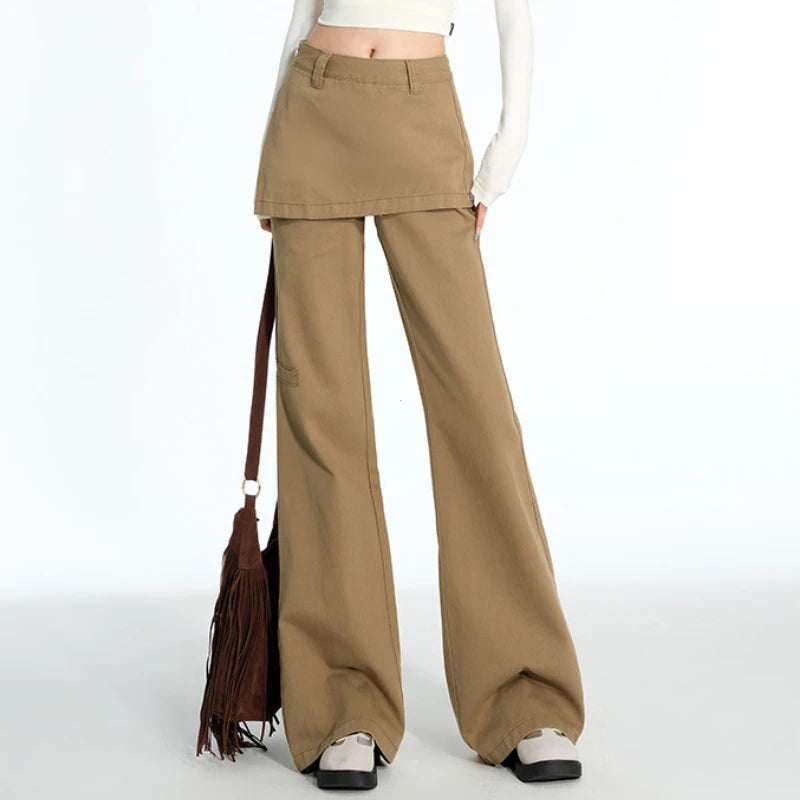 Plus Size Retro Fake Two-Piece Fart Curtain Jeans 2025 Spring Autumn Micro-Pull Cargo Slimming Straight Stacked Wide-Leg Pants