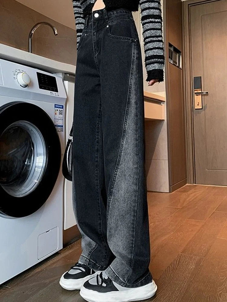 Woman High Waist Jeans Lady American High Street Patchwork Straight Leg Pants Girls Black Gray Contrast Color Wide Leg Trousers