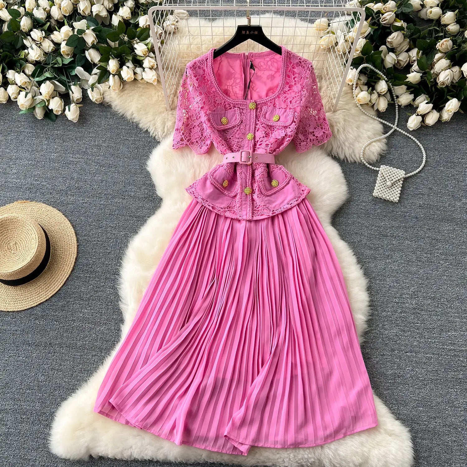 Designer Summer Pleated Chiffon Lace Long Dress