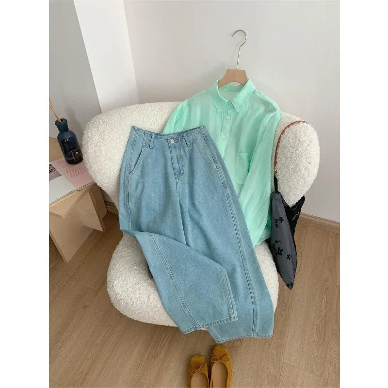 2024 Pear-Shaped Body Harajuku Jeans Women's Summer Thin Plus Size High-Waisted Banana Milk Latex Cropped Pants