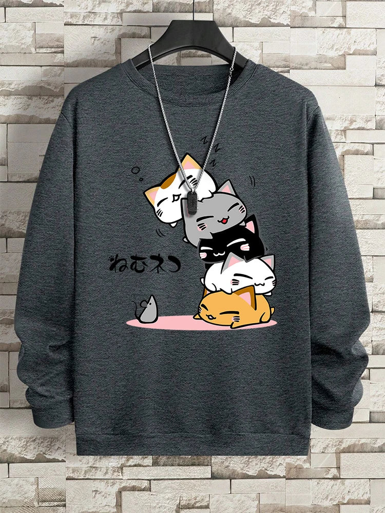 Cute Stacked Cats Sleep Clothing Man Hoody Hip Hop O-Neck Sweatshirts Vintage Casual Loose Hoodies Autumn New Loose Clothes
