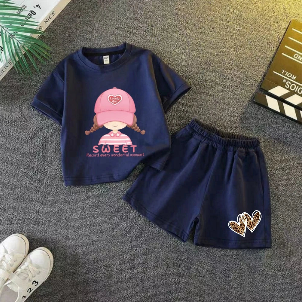 Girls Cartoon Printed Short Sleeve T-Shirts+Top