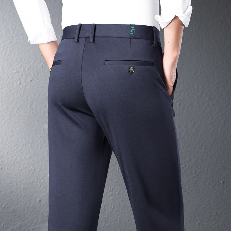 Stretch Suit Pants Men's Summer Thin Straight Business Trousers Ice Silk Casual Drape Breathable Formal Male Work Clothes