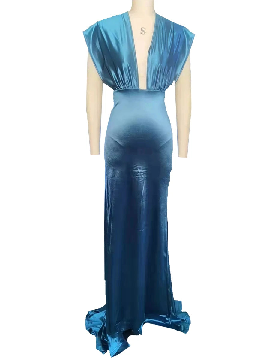 Deep V-Neck Halter Bowknot Backless Maxi Evening Prom dress