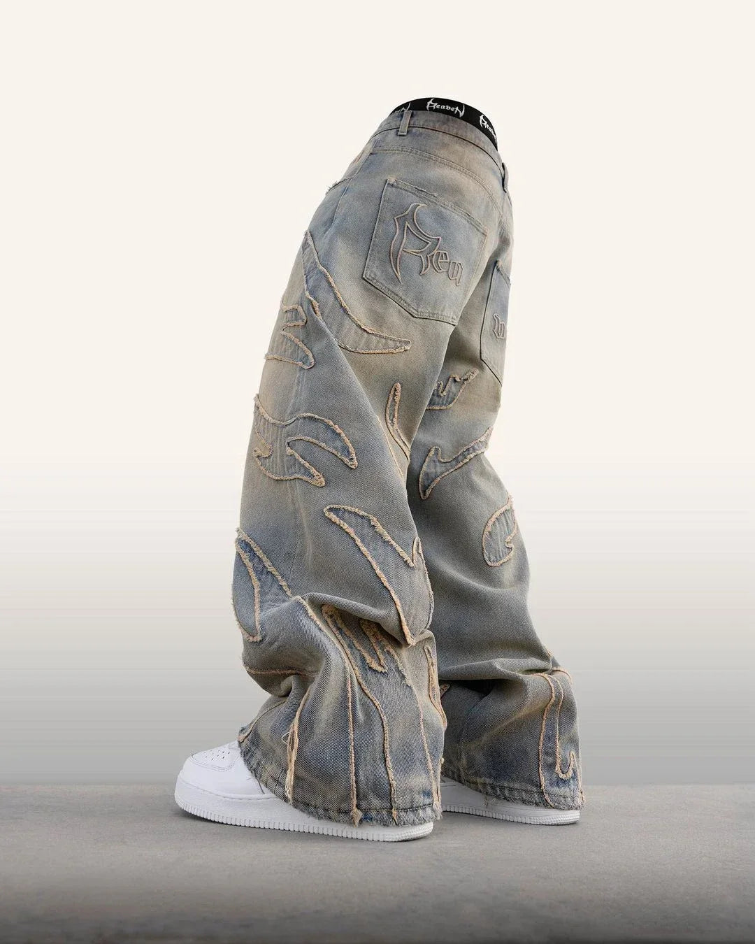 Ripped Raw Edge Embroidered Denim Trousers Retro Harajuku Baggy Jeans