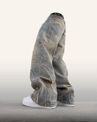 Ripped Raw Edge Embroidered Denim Trousers Retro Harajuku Baggy Jeans