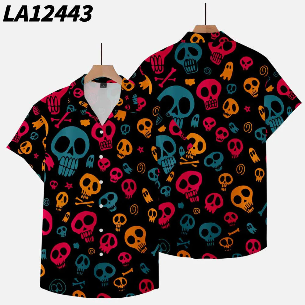 2024 Men's Summer Casual Short Sleeve Shirts Halloween Skull 3d Print Hip Hop Plus Size