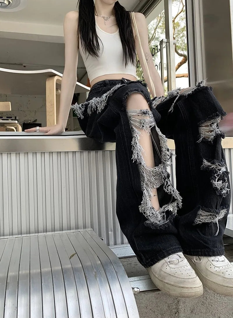 New Y2k Washed Mopping Pants Broken Hole Jeans All-Match Distressed Women High Street Hip Hop High Waist Straight Loose Trousers