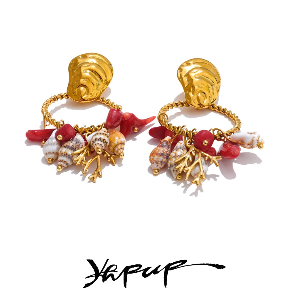 Ocean Holiday Red Natural Stone Shell Dangle Earrings