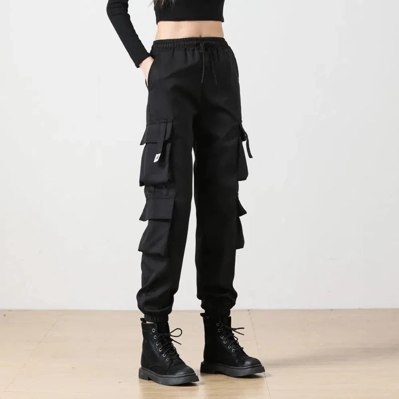 High Street Hip Hop Cargo Pants Women Solid Pocket Elastic High Waist