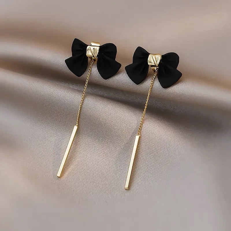 Black Bowknot Chain Tassel Long Pendant Earrings for Women