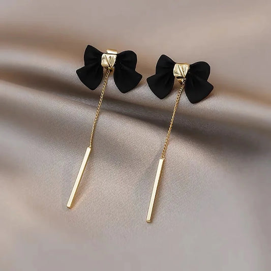 Black Bowknot Chain Tassel Long Pendant Earrings for Women