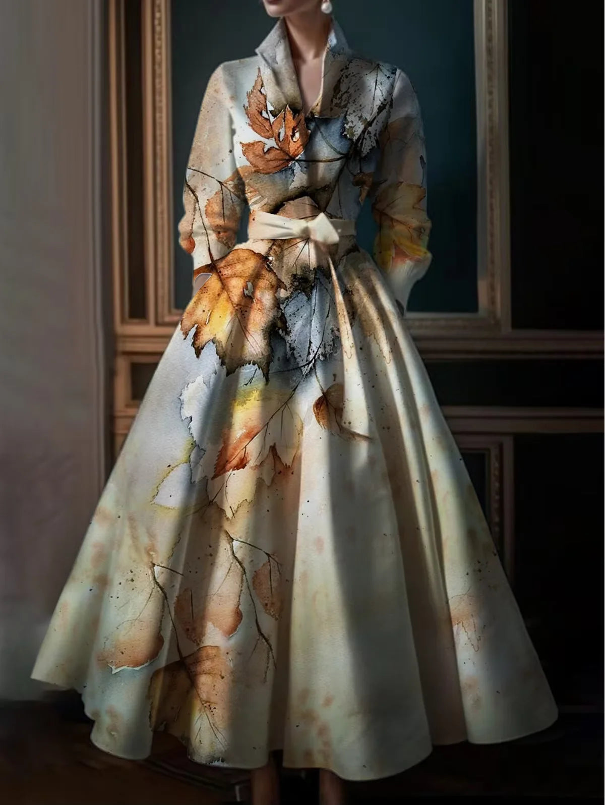 Vintage Floral Printing A-Line Dress Multicolor Turndown Collar