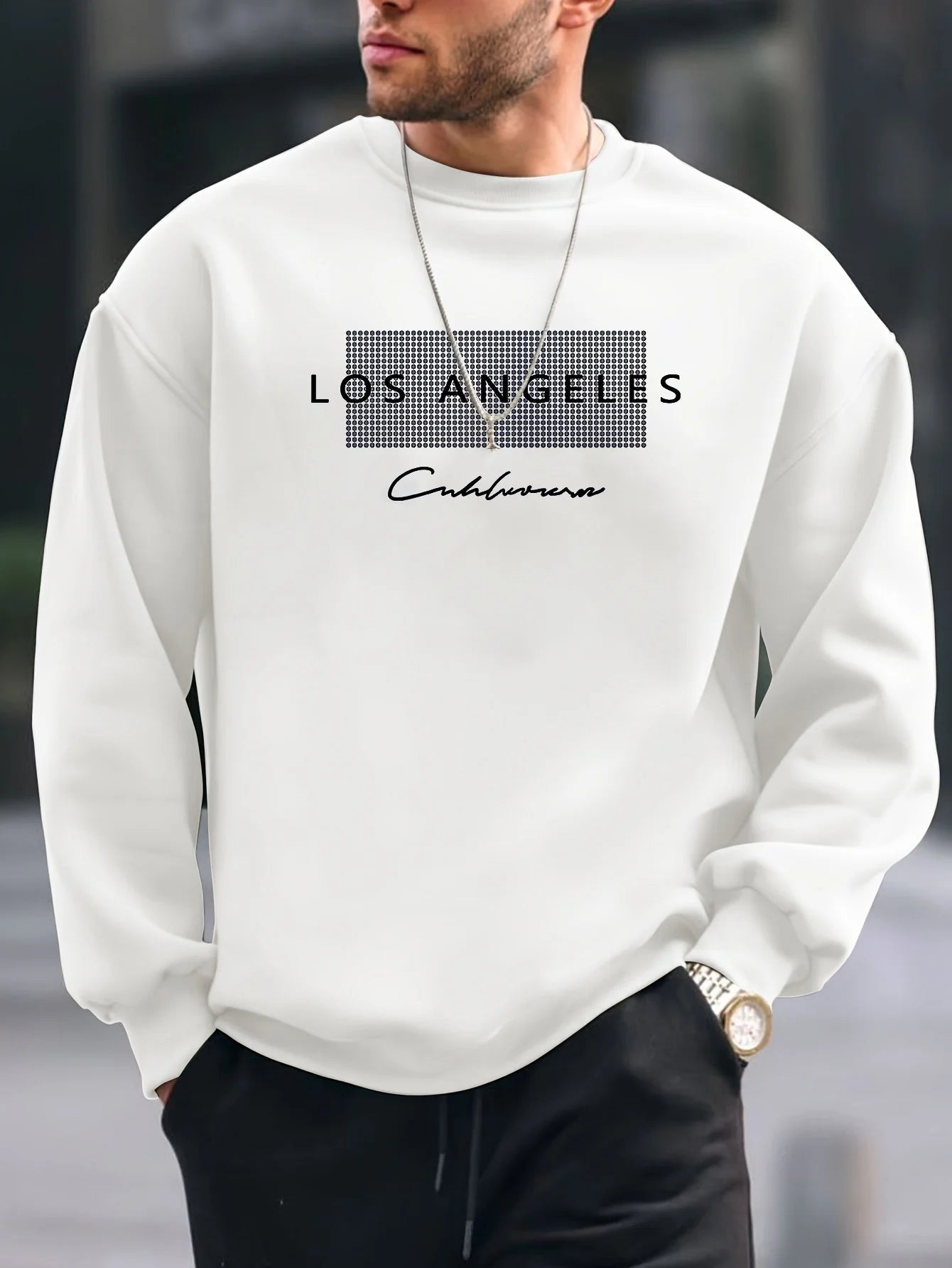 Men's autumn and winter fashionable casual loose Los Angeles letter printed fleece pullover round neck long sleeved sweatshirt