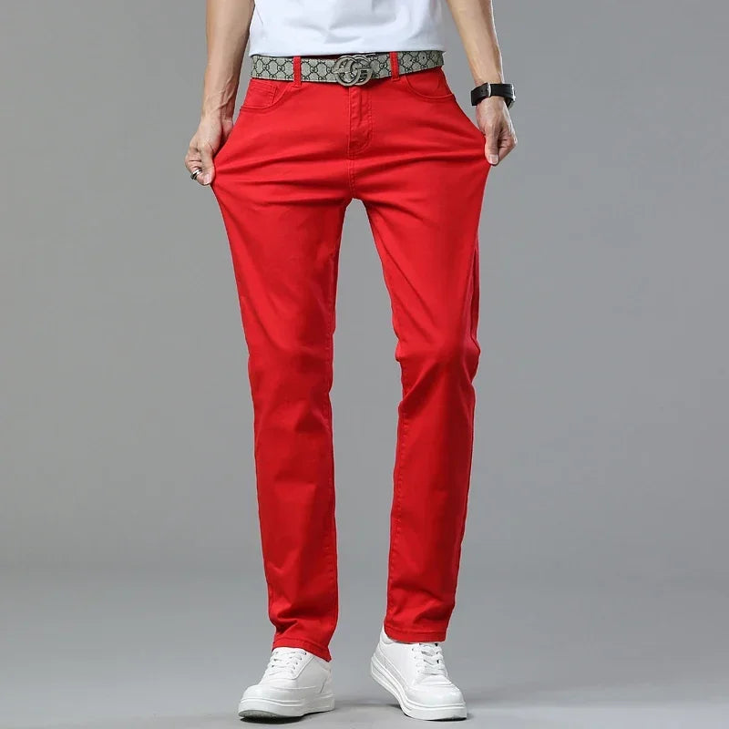 Men's Slim Fit Pants Casual Colorful 2025 Spring New Straight Trousers Men Cotton Stretch Fashion Pants Red Yellow Pink Blue