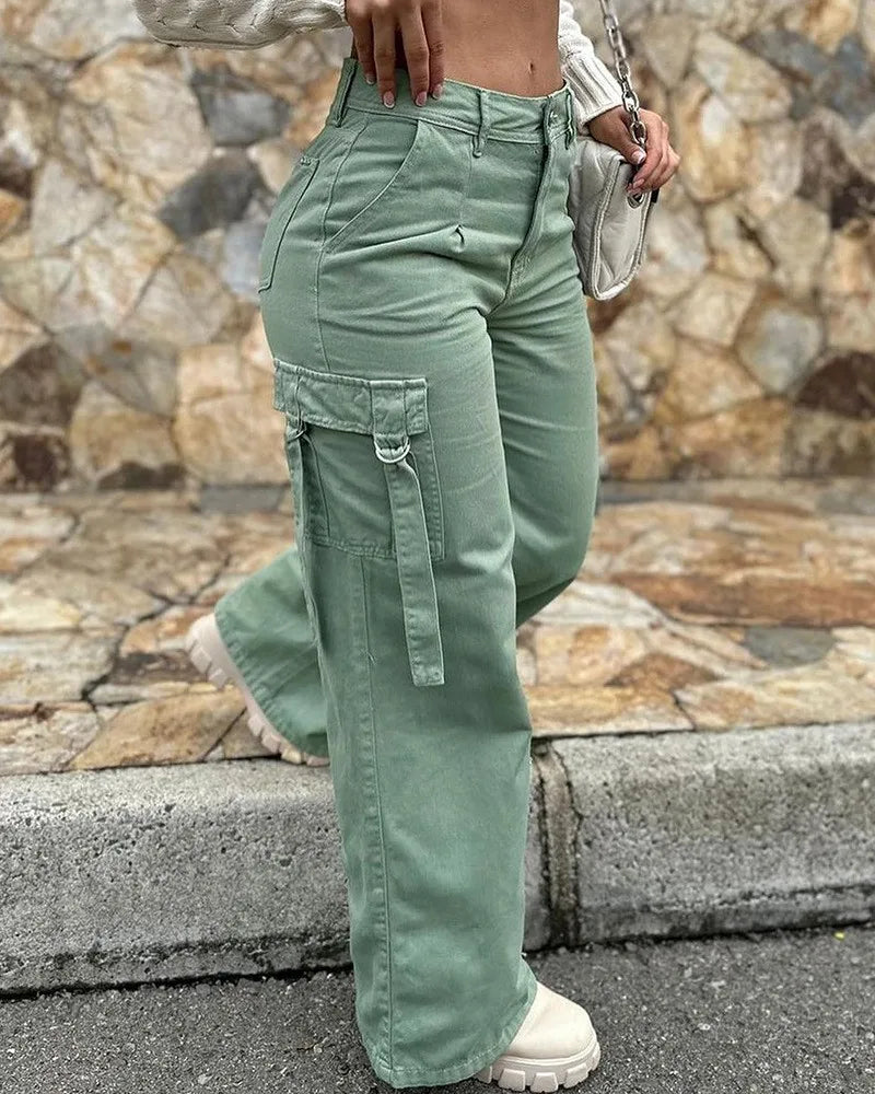 White Elegant Cuffed Cargo Pants Spring Summer Hollow Out High Waist