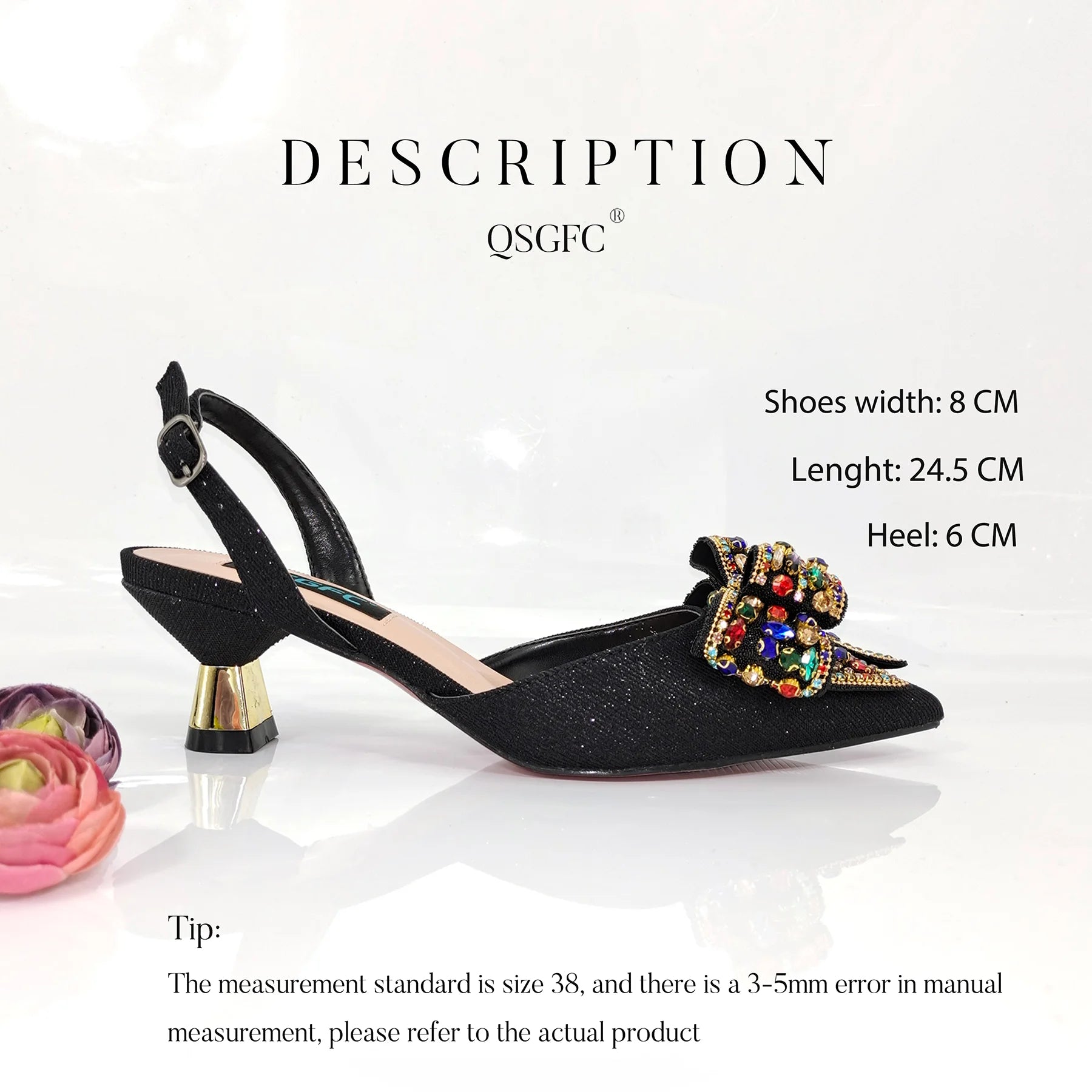 Italian Design Black Color Elegant Ladies Fashion Crystal Bow Pointed Toe Shoes