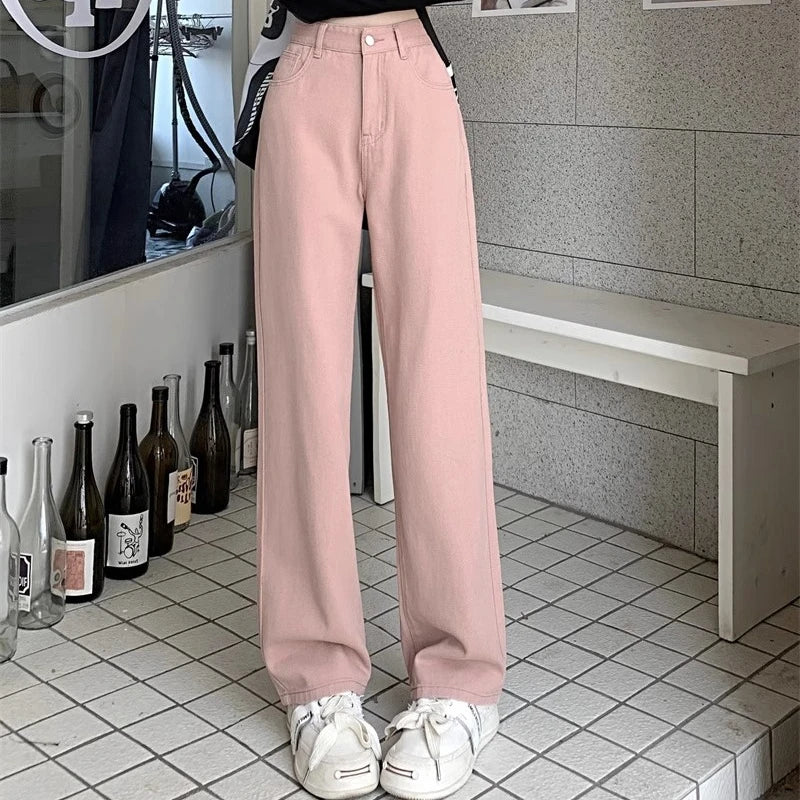 Girls High Waist Wide Leg Jeans Lady High Street Denim Straight Leg Pants Female Retro Blue Light Blue Black Gray Pink Trousers