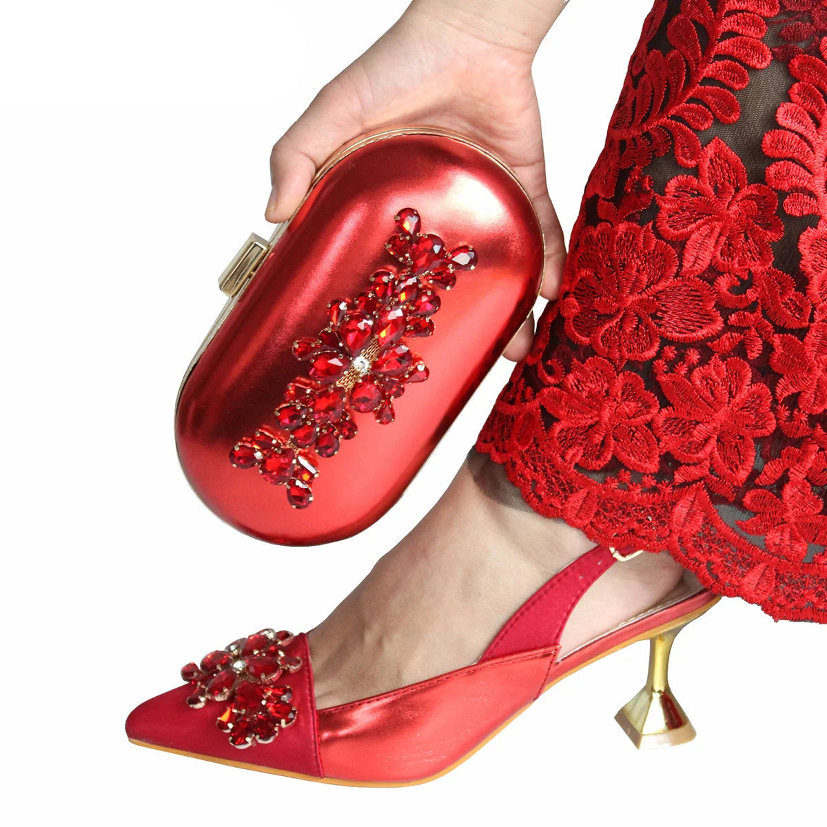 Comfortable Heels and Bag Set in Red Color for Party