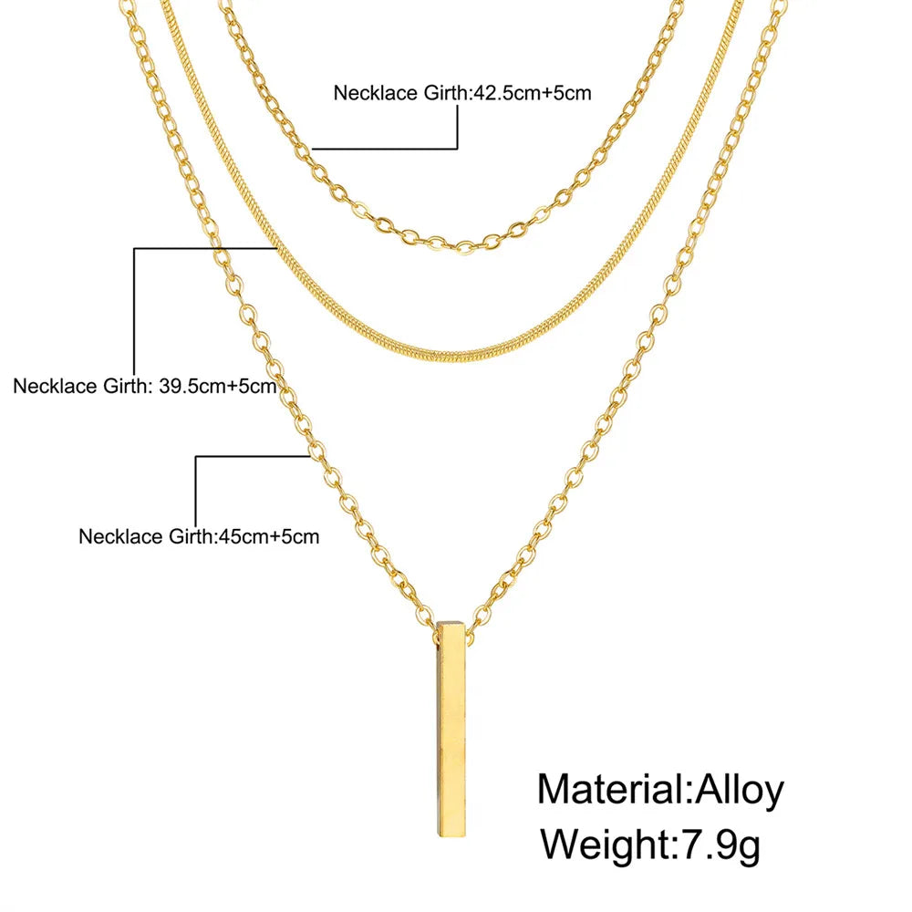 Vintage Layered Metal Bar Pendant Necklace for Women