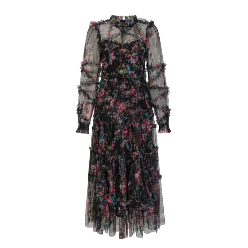 Women's Tide Long Sleeve Skirts Floral Organza Pleated