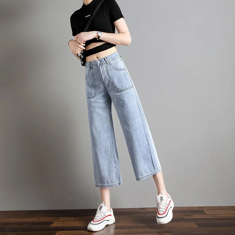 2023 New Summer Thin Jeans Women's Cropped Pants Straight-leg Loose-fit High-waisted Bell Bottoms Casual Style For Females