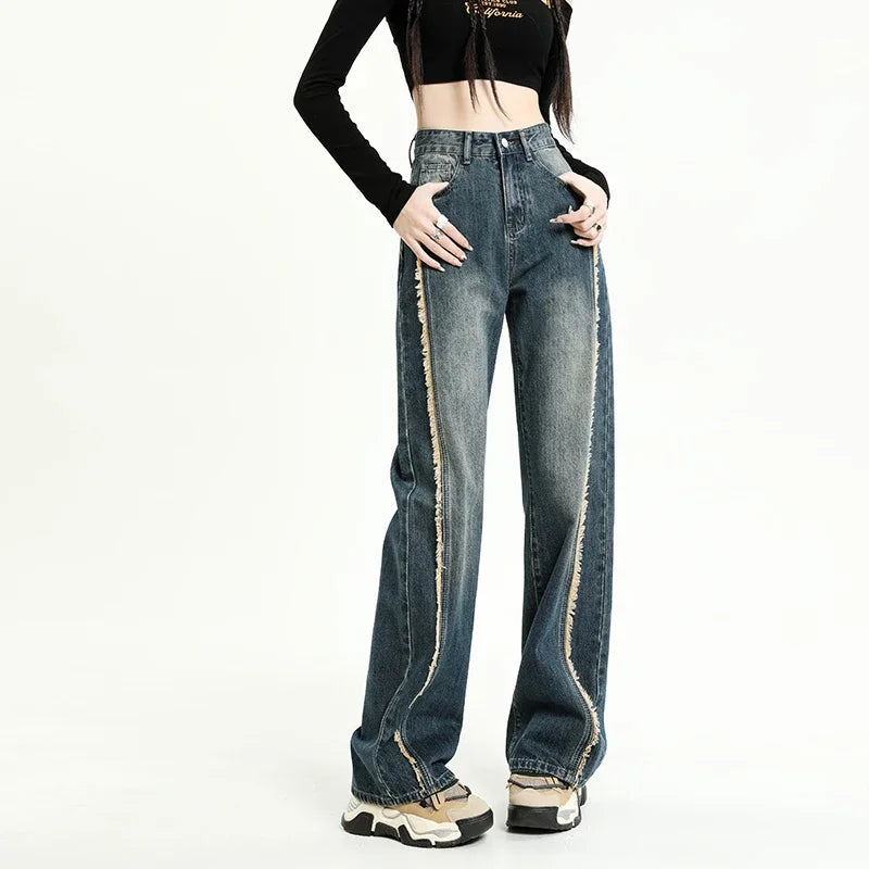 Cotton Wide-leg Women's Baggy Jeans High Waist Distressed Vintage Blue Raw Edge Splicing Y2K Pants Fashion Streetwear Autumn
