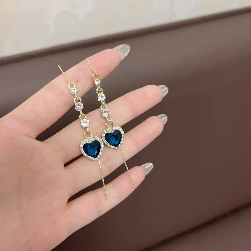 Exquisite Blue Heart Shaped Zircon Long Tassel Earrings for Women