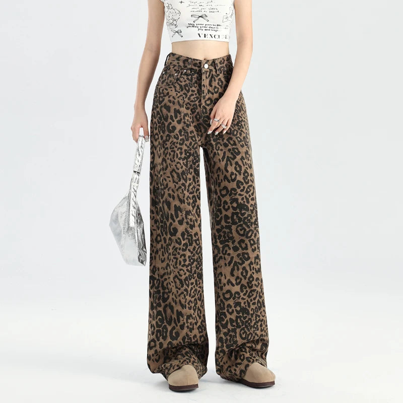 2025 Autumn New American Style High Waist Retro Leopard Print Jeans for Women Straight Loose Wide Leg Floor-Length Pants
