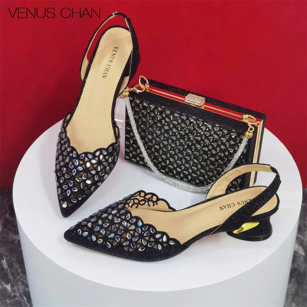 Women's High Heel Pointed Toe Sandals Party Silver Color Shoes and Bags Set