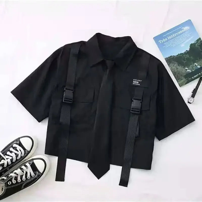 Cargo Pants with Chain 2 Piece Sets White Black Harajuku Shirt