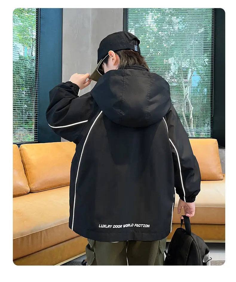 Spring Autumn Outerwear Kid Boys Jackets Zipper Hooded Children Windbreak Waterproof Top Casual Joggers Boys Loose Coats 5-14Y