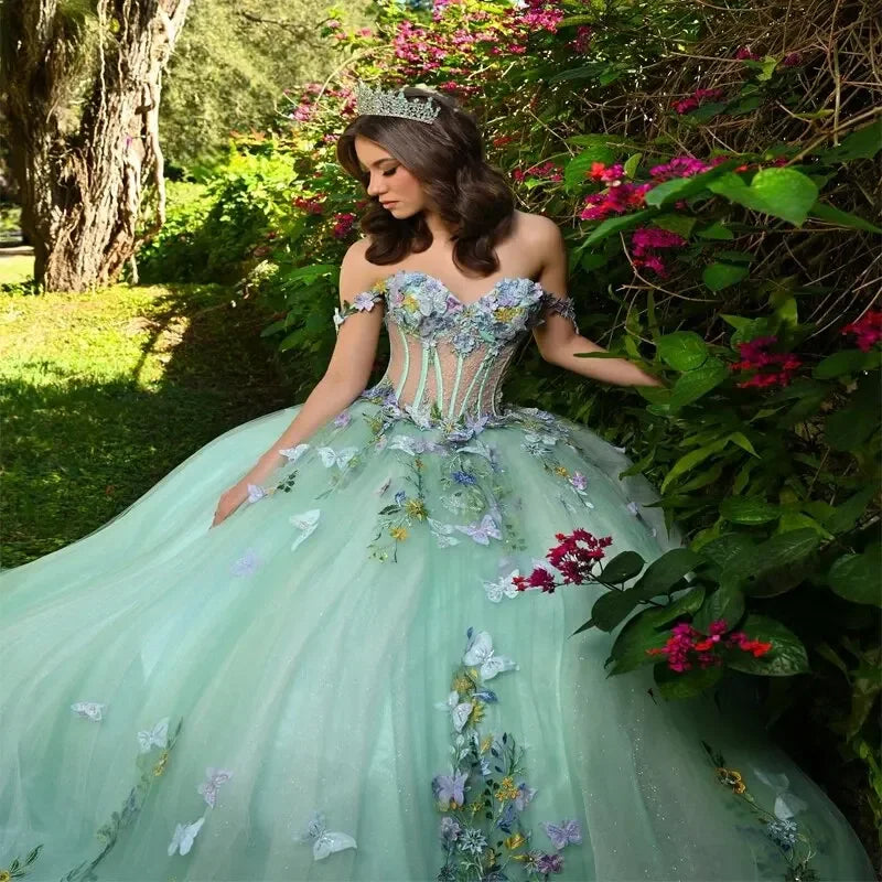 Light Green Quinceanera Dress Ball Gown 3D Butterfly
