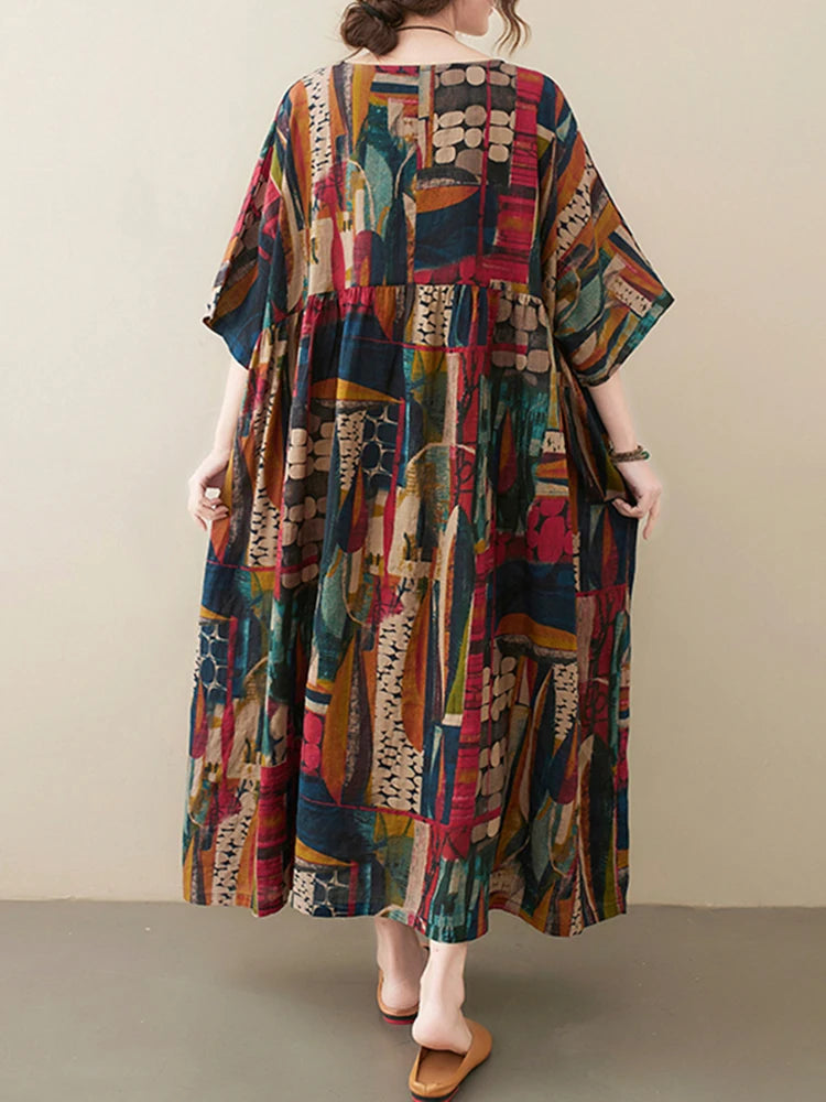 Short Sleeve Cotton Linen Vintage Print Summer Long Dresses For Women 2025 Casual Loose Holiday Ladies Dress Elegant Clothes