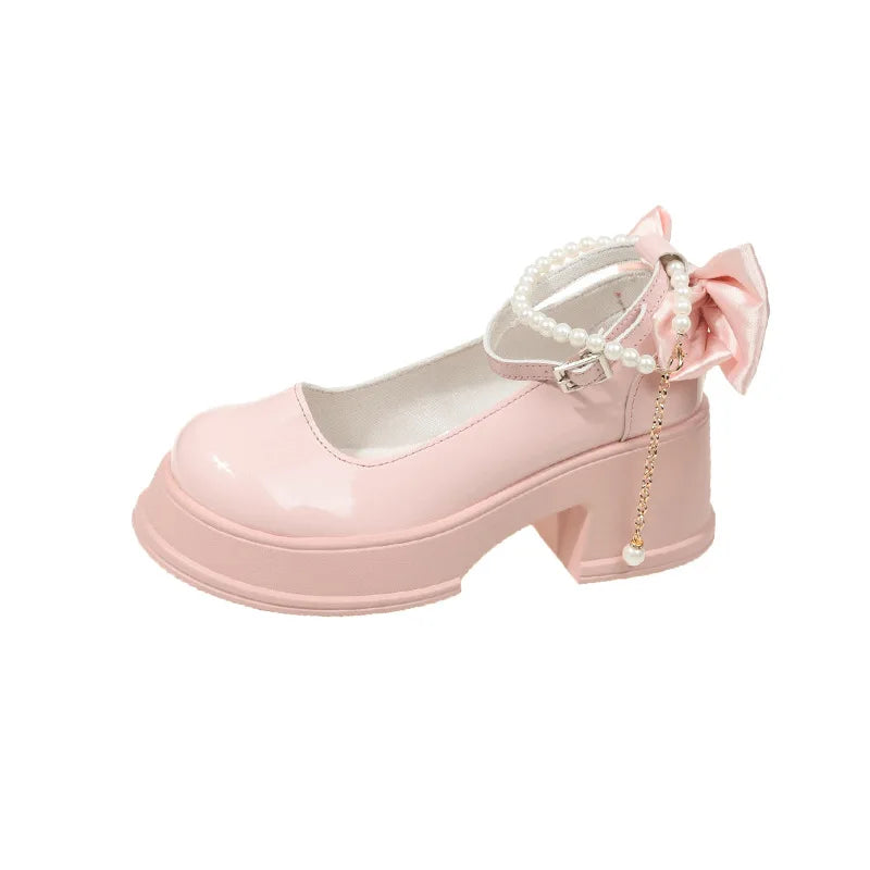 Pink Beaded Mary Jane Shoes Women's High-heeled Shoes Spring Autumn Wear Round Toe Shallow Sakura Pink Jk Uniform Platform Shpes