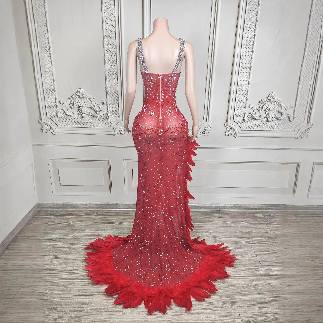 Exquisite Formal Prom Dress Elegant Red Feathers rhinestone Slit luxury Gowns