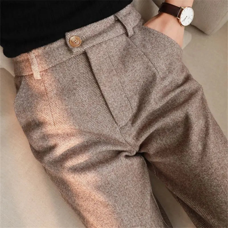 Korean Woolen Pants Women's Autumn Winter Clothing New High Waist Slimming Straight Leg Casual Pants Haren Suit Pants