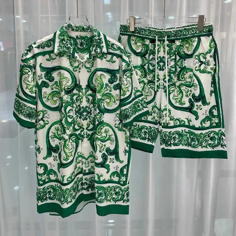 Summer 2025 Digital Print Casual Short Sleeve Mens Shirt Shorts Hawaiian Shirt Set Cross-Border Youth Fashion Male Model Clothes