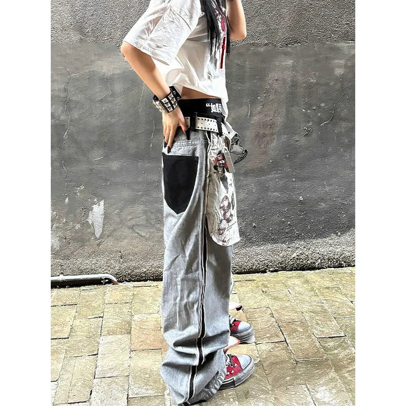 Women's Grey Gothic Y2k Oversize Jeans Harajuku Vintage Baggy Denim Trouser Japanese 2000s Style Boyfriend Jeans Pants Summer