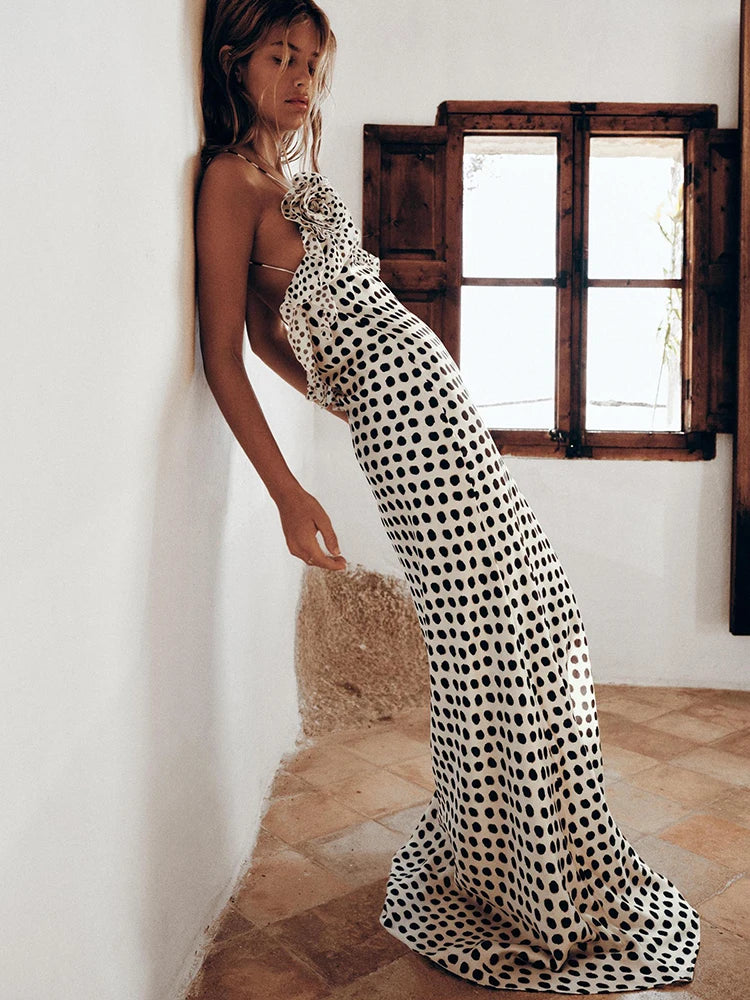 Backless  Print Dots Flower Women Maxi Dress Spaghetti Strap Evening Dress
