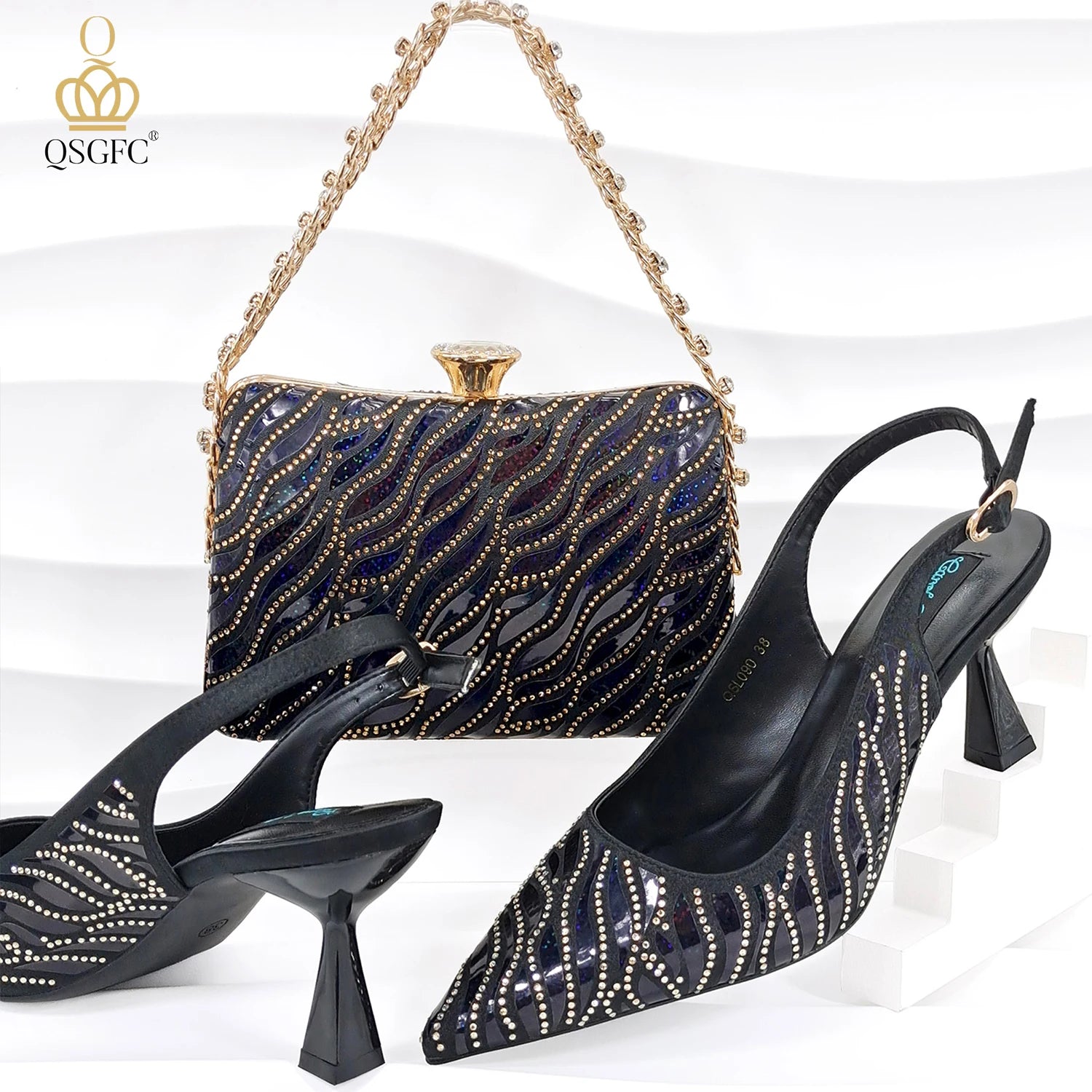 Ladies Heel and Bag Set Full Diamond Fashion Silver Color Pumps