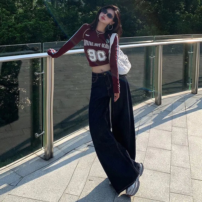Lucyever Vintage Washed Wide Leg Jeans Women Deep Blue High Waist Baggy Y2K Denim Pants Lady Streetwear Casual Straight Trousers