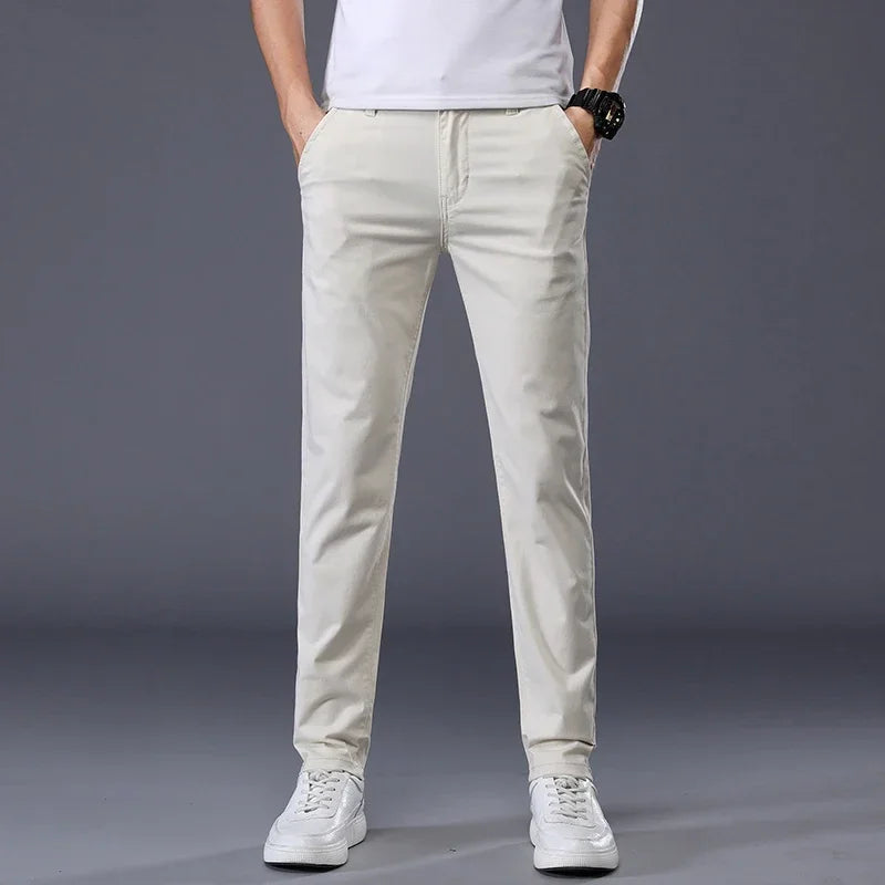 Summer Thin Men's Casual Pants Cotton 7 Colors Classic Style Elastic Straight Slim Fit Business Fashion Long Trousers Male